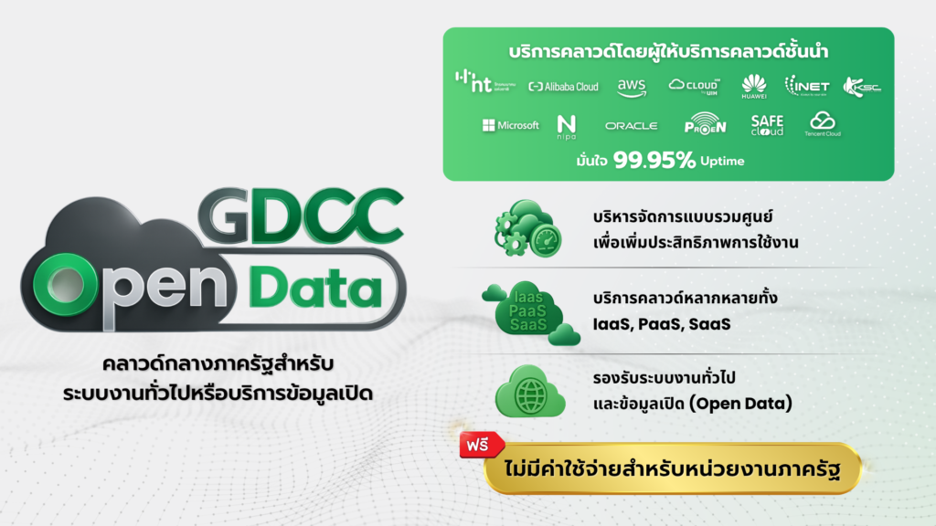 GDCC Open Data คลาวด์กลางภาครัฐแบบ Multi-Cloud จากผู้ให้บริการชั้นนำ รองรับการใช้งาน IaaS, PaaS, SaaS บริหารจัดการแบบรวมศูนย์ มั่นใจด้วย 99.95% Uptime และให้บริการฟรีไม่มีค่าใช้จ่ายสำหรับหน่วยงานรัฐ